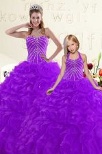  Organza Sweetheart Sleeveless Lace Up Beading and Ruffles 15th Birthday Dress in Purple