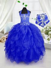  Halter Top Sleeveless Lace Up Floor Length Appliques and Ruffles Kids Formal Wear