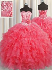 Fitting Handcrafted Flower Coral Red Ball Gowns Ruffles and Hand Made Flower Quinceanera Gown Lace Up Organza Sleeveless Floor Length