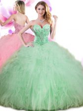 Fantastic Sleeveless Tulle Floor Length Lace Up 15th Birthday Dress in Apple Green with Beading and Ruffles and Pick Ups