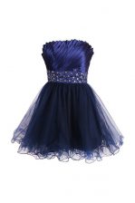  Navy Blue Sleeveless Satin and Tulle Zipper Prom Party Dress for Prom and Party