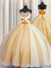 Fantastic Spaghetti Straps Gold Sleeveless Floor Length Beading and Ruching Lace Up Ball Gown Prom Dress
