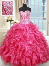 Sophisticated Hot Pink Sweetheart Lace Up Beading and Ruffled Layers Vestidos de Quinceanera Sleeveless