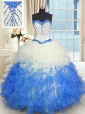  Sweetheart Sleeveless Sweet 16 Quinceanera Dress Floor Length Beading and Ruffles Blue And White Organza