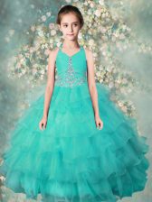  Halter Top Floor Length Zipper Little Girls Pageant Dress Wholesale Turquoise for Party and Wedding Party with Beading and Ruffled Layers