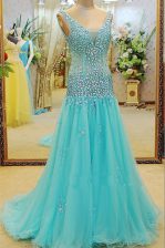  V-neck Sleeveless Prom Party Dress Brush Train Beading Aqua Blue Organza