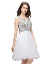  Scoop Mini Length White Prom Dress Organza Sleeveless Beading and Embroidery