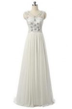 White V-neck Zipper Beading Dress for Prom Sleeveless