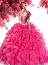 Designer Hot Pink Ball Gowns Sweetheart Sleeveless Organza With Train Sweep Train Lace Up Beading and Ruffles Vestidos de Quinceanera