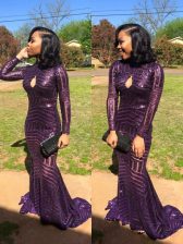  Mermaid Eggplant Purple High-neck Zipper Sequins Dress for Prom Sweep Train Long Sleeves