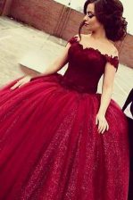 Glittering A-line Prom Gown Wine Red Off The Shoulder Sequined Short Sleeves Floor Length Zipper