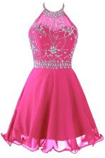 Fabulous Mini Length Hot Pink Prom Gown Halter Top Sleeveless Zipper