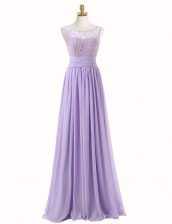  Scoop Lace Dress for Prom Lavender Zipper Sleeveless With Train Sweep Train