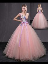 Hot Sale Baby Pink V-neck Lace Up Appliques and Belt 15th Birthday Dress Sleeveless