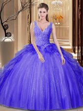  Lavender V-neck Backless Appliques and Ruffles and Sequins Sweet 16 Dress Sleeveless