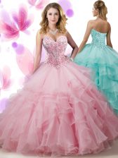  Sleeveless Beading and Ruffled Layers Lace Up Quince Ball Gowns