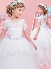 On Sale White Ball Gowns Scoop Short Sleeves Tulle Floor Length Lace Up Lace and Bowknot Flower Girl Dresses