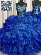  Royal Blue Ball Gowns Sweetheart Sleeveless Organza Floor Length Lace Up Beading and Ruffles Sweet 16 Dress