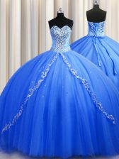 Brush train Blue Ball Gowns Beading Sweet 16 Dress Lace Up Tulle Sleeveless
