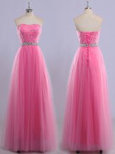  Floor Length Rose Pink Prom Gown Sweetheart Sleeveless Lace Up