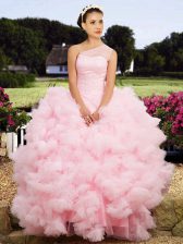  One Shoulder Floor Length Baby Pink 15th Birthday Dress Tulle Sleeveless Beading