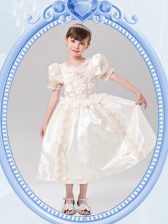 Simple Scoop Short Sleeves Zipper Toddler Flower Girl Dress White Taffeta