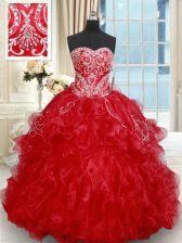 Exquisite Red Sleeveless Beading and Embroidery and Ruffled Layers Lace Up Ball Gown Prom Dress