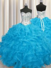Modern Aqua Blue Ball Gowns Sweetheart Long Sleeves Organza Floor Length Lace Up Beading and Ruffles 15 Quinceanera Dress