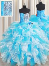  Sweetheart Sleeveless Sweet 16 Dresses Floor Length Ruffles and Sequins Blue And White Organza