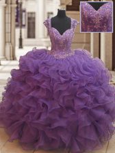  Straps Cap Sleeves Sweet 16 Dress Floor Length Beading and Ruffles Eggplant Purple Organza