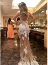 Glittering Mermaid Scoop Appliques Dress for Prom Champagne Backless Sleeveless Court Train