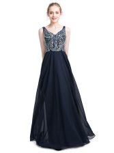 Shining Floor Length Black Dress for Prom V-neck Sleeveless Zipper