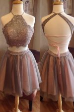 Traditional Halter Top Sleeveless Prom Gown Knee Length Beading Grey Organza