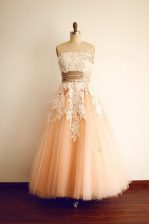 Extravagant Lace and Appliques and Belt Dress for Prom Peach Zipper Sleeveless Floor Length