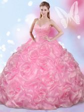 Romantic Ball Gowns Vestidos de Quinceanera Rose Pink Sweetheart Fabric With Rolling Flowers Sleeveless Floor Length Lace Up