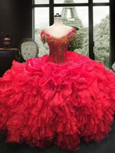  Red Cap Sleeves Organza Lace Up Quince Ball Gowns for Military Ball and Sweet 16 and Quinceanera