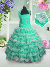 Excellent Green Sleeveless Beading and Appliques and Ruffled Layers Floor Length Girls Pageant Dresses