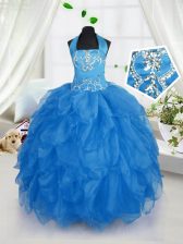  Halter Top Baby Blue Sleeveless Floor Length Appliques and Ruffles Lace Up Little Girl Pageant Gowns