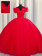 Traditional Tulle Off The Shoulder Short Sleeves Court Train Lace Up Ruching Sweet 16 Dresses in Red