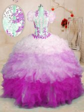 Eye-catching Sweetheart Sleeveless Organza Quinceanera Dress Beading and Appliques and Ruffles Brush Train Lace Up