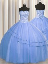 Eye-catching Visible Boning Big Puffy Blue Sweetheart Lace Up Beading Quince Ball Gowns Sleeveless