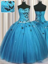 High Class Sleeveless Tulle Floor Length Lace Up Quince Ball Gowns in Baby Blue with Beading and Appliques