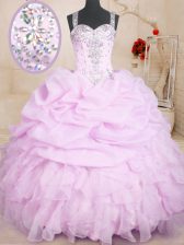  Lilac Ball Gowns Straps Sleeveless Organza Floor Length Lace Up Beading and Ruffles and Pick Ups Quinceanera Dresses