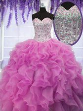 Excellent Floor Length Rose Pink 15 Quinceanera Dress Organza Sleeveless Sequins