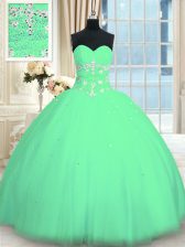 Exceptional Turquoise Tulle Lace Up Quinceanera Dresses Sleeveless Floor Length Appliques