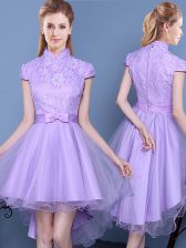  Short Sleeves High Low Zipper Quinceanera Dama Dress Lavender for Prom and Party with Lace and Bowknot and Belt