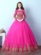  Tulle Scoop Long Sleeves Lace Up Appliques Sweet 16 Dress in Fuchsia