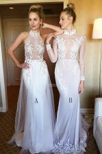 Excellent White Mermaid High-neck Long Sleeves Tulle and Lace Sweep Train Lace Up Lace Prom Gown