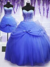 Attractive Three Piece Blue Ball Gowns Sweetheart Sleeveless Tulle Floor Length Lace Up Beading and Bowknot Sweet 16 Quinceanera Dress