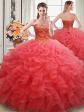 Customized Coral Red Sleeveless Floor Length Beading and Ruffles Lace Up 15 Quinceanera Dress
